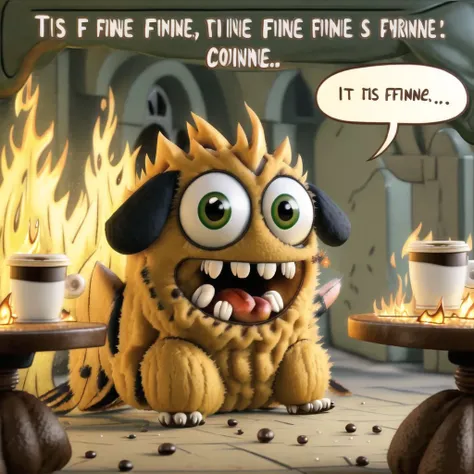 <lora:itsfine:0.7>, itsfine,
<lora:fluffers:1>, monster,
itsfine, a dog sitting in a chair in front of a fire, cup of coffee on table, heavy fire on the background, meme in distress