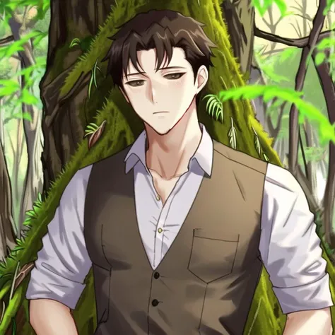 <lora:black_sclera3:1.0> , black_sclera, colored sclera, 1boy, black pants, brown eyes, brown hair, collarbone, day, forest, leaf, looking at viewer, male focus, minamibe, moss, nature, outdoors, pants, shirt, solo, standing, tree, white shirt