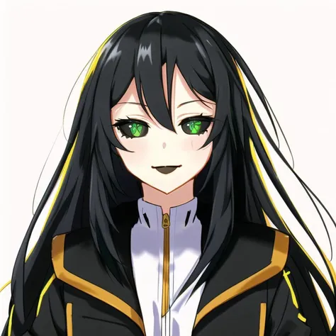 <lora:black_sclera3:1.0> , black_sclera, colored sclera, 1girl, bare shoulders, black dress, black hair, dress, eyebrows visible through hair, green eyes, hair ornament, highres, jacket, jacket pull, k concord, long hair, long sleeves, neck garter, simple background, smile, solo, white background