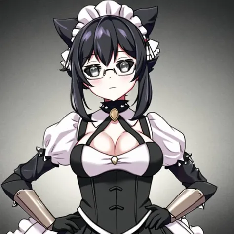 <lora:black_sclera3:1.0> , black_sclera, colored sclera, 1girl, adjusting glasses, armor, armored dress, black eyes, black hair, breasts, collar, english, frills, gauntlets, glasses, hair bun, maid, maid headdress, puffy sleeves, ribbon, solo, spikes