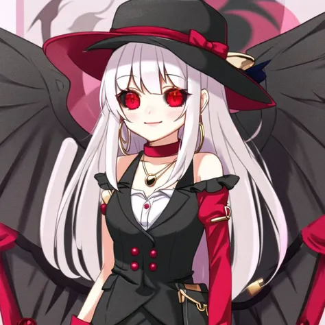 <lora:black_sclera3:1.0> , black_sclera, colored sclera, buttons, hat, highres, jewelry, pendant, red eyes, ribbon, shoes, smile, solo, walking, wings