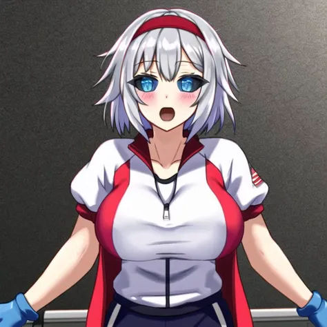 <lora:black_sclera3:1.0> , black_sclera, colored sclera, 1girl, blue eyes, blush, breasts, buruma, cowboy shot, gloves, gym uniform, hair ornament, hair over one eye, hairclip, headband, highres, jacket, large breasts, looking at viewer, open mouth, red buruma, shirt, short hair, short sleeves, silver hair, solo, thighs, track jacket, white gloves, white shirt
