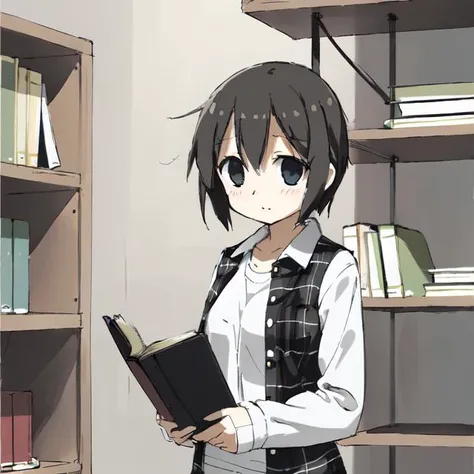 <lora:tsukumizuAva_v10:1>, <lora:avas_jun_07-03--tsukumizu_yuu_005-095--ham_rifl_09-01:1>, sketch, tsukumizu yuu \(style\), masterpiece, best quality,1girl, solo, holding, holding book, reading book,shirt, long_sleeves, white_shirt, collared_shirt, upper_body, depth_of_field, blurry_background, portrait, black_vest, bookshelf, shelf, library