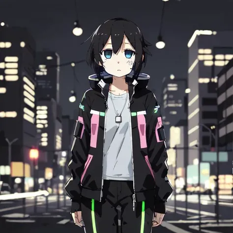<lora:tsukumizuAva_v10:1>, <lora:avas_jun_07-03--tsukumizu_yuu_005-095--ham_rifl_09-01:1>, sketch, tsukumizu yuu \(style\), 1girl, (masterpiece), best quality, ultra high res, beautiful clean face, wearing techwear jacket and black trousers with buckle and tape, night time view, cyberpunk style, neon lights, bokeh