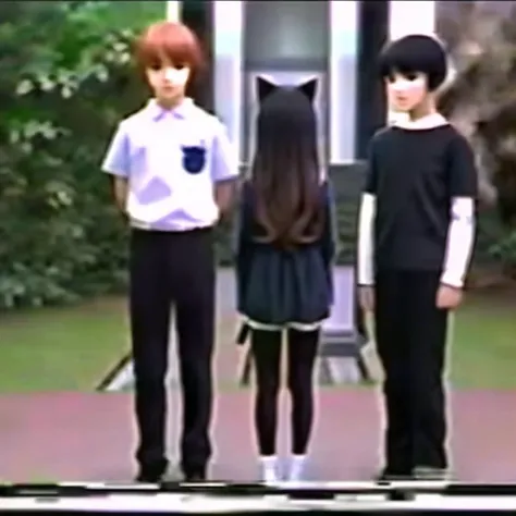 <lora:VHS3:1.0> , VHS, VHS footage of, distortion,  [glitch],  2boys, 3girls, cat ears, chamawatari, highres, leaf, mohea \(doubutsu no mori\), pantyhose, personification, raccoon tail, gijinka