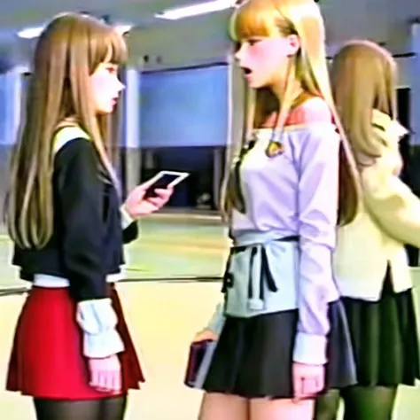<lora:VHS3:1.0> , VHS, VHS footage of, distortion,  [glitch],  2girls, apron, bangs, beige background, black hair, black jacket, black legwear, blonde hair, blue eyes, blue serafuku, blue skirt, blush, cellphone, ear blush, green eyes, hair between eyes, hair ornament, highres, interrupted, jacket, long hair, multiple girls, off shoulder, open mouth, pantyhose, phone, pleated skirt, red skirt, sakugawa school uniform, school uniform, shirt, simple background, skirt, smartphone, tearing up, white shirt, yuri