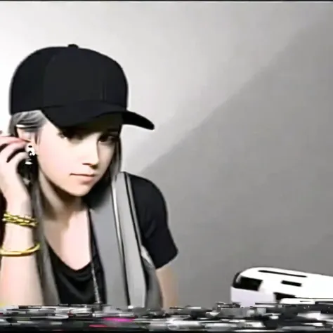 <lora:VHS3:1.0> , VHS, VHS footage of, distortion,  [glitch],  1girl, azsn10, bag, black headwear, bracelet, earrings, from side, grey eyes, grey hair, hair between eyes, hat, highres, holding, holding phone, jewelry, looking at viewer, nail polish, phone, print hat, short hair with long locks, short sleeves, shoulder bag, simple background, solo, upper body, white background