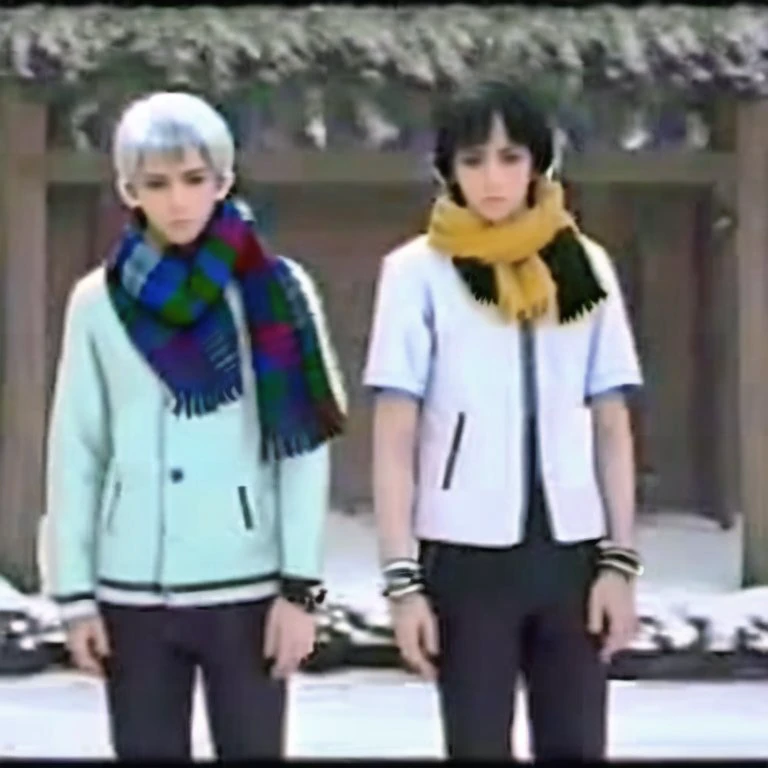 <lora:VHS3:1.0> , VHS, VHS footage of, distortion,  [glitch], bracelet, brothers, jewelry, scarf, short hair, siblings, snow, twins, white hair