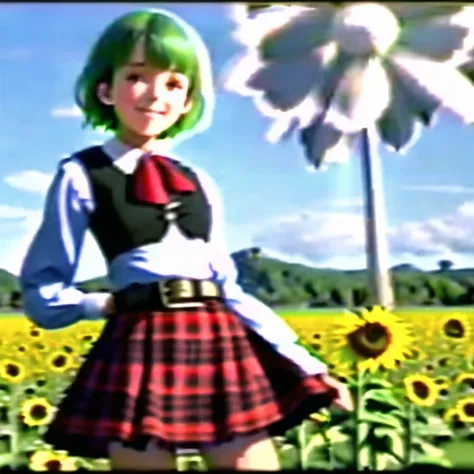 <lora:VHS3:1.0> , VHS, VHS footage of, distortion,  [glitch],  1girl, ascot, bangs, belt, bird, blue sky, blurry, blurry background, bubble, clouds, cowboy shot, day, eyebrows visible through hair, field, flower, flower field, frilled ascot, frills, green hair, hair between eyes, hair intakes, hand up, head tilt, highres, holding, juliet sleeves, long sleeves, looking at viewer, outdoors, parted lips, plaid, plaid vest, puffy sleeves, red belt, red eyes, red skirt, red vest, shirt, short hair, skirt, skirt set, sky, smile, solo, standing, sunflower, vest, white shirt, yellow neckwear