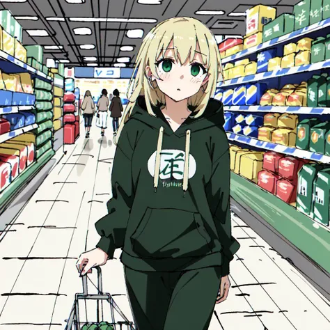 <lora:tsukumizuAva_v10:1>, <lora:avas_jun_07-03--tsukumizu_yuu_005-095--ham_rifl_09-01:1>, sketch, tsukumizu yuu \(style\), line art, solid colors, masterpiece, best quality, 1girl, blonde hair, bangs, braid, french braid, blush, green eyes, medium hair, Natural Volumetric Lighting And Best Shadows, Deep Depth Of Field, Sharp Focus, Lovely Medium Breasts, Blush Eyeshadow With Thick Eyelashes, Parted Lips, sport hoodie and matching sweatpants, (Walking Around The Supermarket Hallways:1.2), (holding one hand supermarket basket:1.1), (Highest Quality, Amazing Details:1.4), Bloom, Picturesque, Brilliant Colorful Paintings