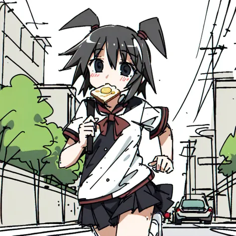 <lora:tsukumizuAva_v10:1>, <lora:avas_jun_07-03--tsukumizu_yuu_005-095--ham_rifl_09-01:1>, sketch, tsukumizu yuu \(style\), line art, solid colors, masterpiece, best quality, 1girl, twintails, toast in mouth, running, city street, <lora:toast-nvwls-v1:0.7>