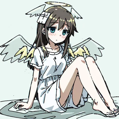 <lora:tsukumizuAva_v10:1>, <lora:avas_jun_07-03--tsukumizu_yuu_005-095--ham_rifl_09-01:1>, sketch, tsukumizu yuu \(style\), line art, solid colors, church, (angel:1.2), (angel wings:1.4), white dress, (halo:1.2), confused, (scared:1), blush, embarrassed, medium breasts, yellow eyes, :o, sweat, sweatdrop, constricted pupils, fine fabric emphasis, frilled dress, (bottomless,:1), socks, (jeans:0.6), barefoot