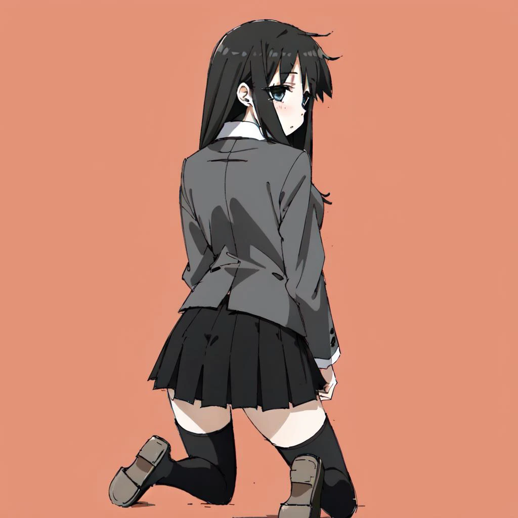 <lora:tsukumizuAva_v10:1>, <lora:avas_jun_07-03--tsukumizu_yuu_005-095--ham_rifl_09-01:1>, sketch, tsukumizu yuu \(style\), line art, solid colors, highres, 1girl, ass, bangs, black pantyhose, black skirt, black suit, blush, formal, from behind, gusset, kneeling, leaning, looking at viewer, no shoes, panties, pantyhose, pleated skirt, red background, simple background, skirt, soles, solo, suit, underwear