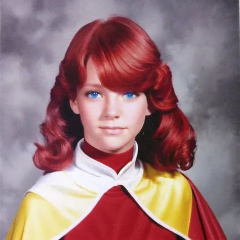 <lora:school_yearbook_photos:1>, school yearbook photos, background,  portrait,  blue eyes, boots, cape, dress, gloves, hat, pantyhose, red hair, redhead, yellow dress