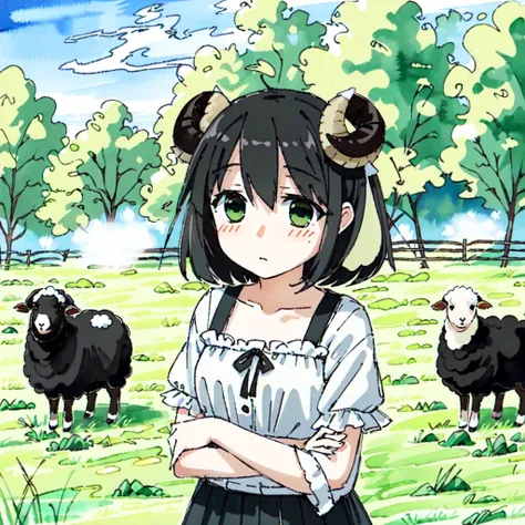 <lora:tsukumizuAva_v10:1>, <lora:avas_jun_07-03--tsukumizu_yuu_005-095--ham_rifl_09-01:1>, sketch, tsukumizu yuu \(style\), Original Characters, Natural Volumetric Lighting And Best Shadows, Deep Depth Of Field, Sharp Focus, landscape scene, scene, Stunningly Beautiful Petite Girl (dressed as a black sheep), fluffy black hair with ram horns, Soft Delicate Beautiful Attractive Face With Alluring Yellow Eyes, Sharp Eyeliner, Lovely Medium Small Breasts, Looking sad, (surrounded by girls dressed as white sheep), Blush Eyeshadow With Thick Eyelashes, (green grass field Under Sunlight), (Highest Quality, Amazing Details:1.4), Masterpiece, Bloom, Picturesque, Vivid Watercolor Paintings