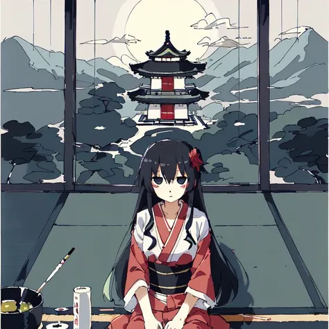 <lora:tsukumizuAva_v10:1>, <lora:avas_jun_07-03--tsukumizu_yuu_005-095--ham_rifl_09-01:1>, sketch, tsukumizu yuu \(style\), line art, solid colors, 1 (japanese girl ) , miko, pov from sky, gothic, japanese temple, torri , robe, dim light, (oil painting by Victo Ngai ), best shadow,
