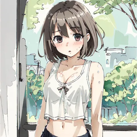 <lora:tsukumizuAva_v10:1>, <lora:avas_jun_07-03--tsukumizu_yuu_005-095--ham_rifl_09-01:1>, sketch, tsukumizu yuu \(style\), Original Characters, Natural Volumetric Lighting And Best Shadows, Deep Depth Of Field, Sharp Focus, full body Portrait Of Stunningly Beautiful Petite Girl, Soft Delicate Beautiful Attractive Face With Alluring Eyes, Sharp Eyeliner, Lovely Medium Breasts, Looking At Other, (heavy blush, aroused, embarrassed), Windswept Disheveled short Hair, Blush Eyeshadow With Thick Eyelashes, Parted Lips, (Sweat Wet), (See-Through cropped Tank Top:1.05), Slim Waist With Open Cute Navel, Amazing Cleavage, (Highest Quality, Amazing Details:1.4), Masterpiece, Bloom, Picturesque, Vivid Watercolor Paintings, (nsfw), touching herself, no underwear, (unshaved pussy)