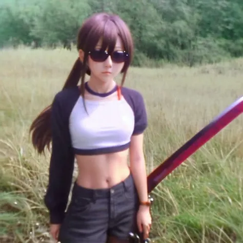 <lora:1:1.0> , old_siemens, foreground, background, overexposure, film grain,1girl, brown hair, glasses, kanzaki kaori \(cosplay\), long hair, midriff, ponytail, red eyes, solo, sword, weapon
