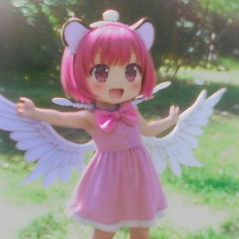 <lora:1:1.0> , old_siemens, foreground, background, overexposure, film grain,1girl, animal ears, bow, chibi, dress, hand on own chest, hat, musical note, open mouth, outstretched arm, pink hair, red eyes, short hair, simple background, singing, smile, solo, white background, wings
