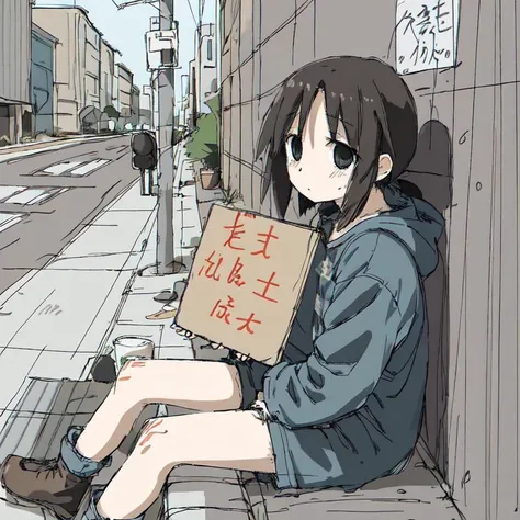 <lora:tsukumizuAva_v10:1>, <lora:avas_jun_07-03--tsukumizu_yuu_005-095--ham_rifl_09-01:1>, sketch, tsukumizu yuu \(style\), line art, solid colors, masterpiece, best quality, nsfw, solo, 1girl, homeless girl, holding cardboard sign, outstretched hand beg, tattered clothing, weathered appearance, weary expression, sitting in the sidewalk, urban street setting, dead eyes