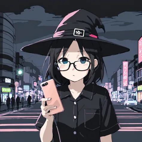<lora:tsukumizuAva_v10:1>, <lora:avas_jun_07-03--tsukumizu_yuu_005-095--ham_rifl_09-01:1>, sketch, tsukumizu yuu \(style\), line art, solid colors, masterpiece,best quality,highres, solo, modern witch, 1girl, female focus, (smartphone:1.2), city night lights, (black hair:1.3), witch hat, glasses, upper body, stylish outfit, beautiful face, holographic interface, looking at viewer, in front of large digital billboard, neon lighting