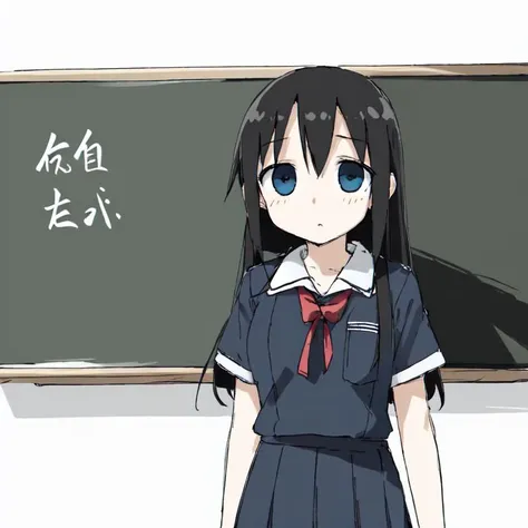 <lora:tsukumizuAva_v10:1>, <lora:avas_jun_07-03--tsukumizu_yuu_005-095--ham_rifl_09-01:1>, sketch, tsukumizu yuu \(style\), line art, solid colors, masterpiece,best quality,highres, 1girl, blue eyes, black hair, long hair, upper body, school uniform, standing, hand up, facing viewer, classroom, chalkboard, kanji