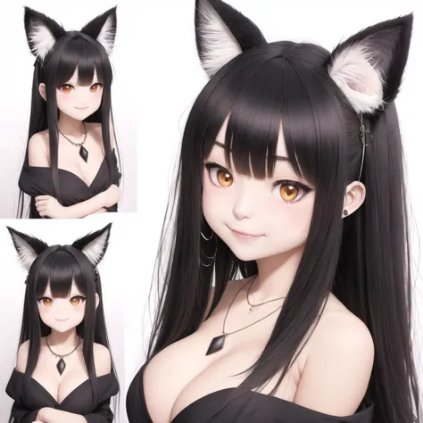 + +, 1girl, animal ear fluff, animal ears, animal hands, animal nose, bangs, blush, body fur, breasts, character name, claws, cleavage, collarbone, fang, female focus, fox ears, fox girl, furrification, furry, furry female, hair rings, happy, japanese text, jewelry, light blush, long hair, long sleeves, looking at viewer, medium breasts, monochrome, multiple views, necklace, off shoulder, open mouth, sidelocks, simple background, sketch, smile, snout, upper body, v-shaped eyebrows, white background, wide sleeves
