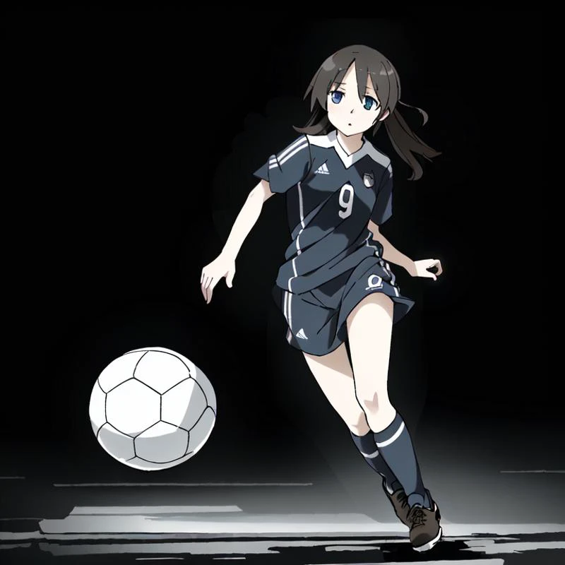 <lora:tsukumizuAva_v10:1>, <lora:avas_jun_07-03--tsukumizu_yuu_005-095--ham_rifl_09-01:1>, sketch, tsukumizu yuu \(style\), line art, solid colors, a german girl playing soccer, from below, high detailed skin, skin details, best quality, subsurface scattering, modelshoot style, analog style, dramatic lighting