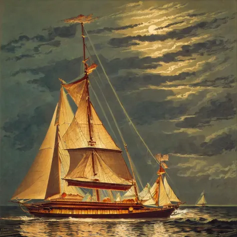 <lora:La_nuit_de_Tour_Eiffel_style_1889-000001:1> schooner on the ocean at night