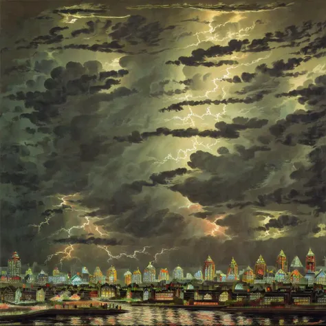 <lora:La_nuit_de_Tour_Eiffel_style_1889-000001:1> city skyline in a storm at night, lightning, thunderstorm