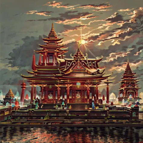 <lora:La_nuit_de_Tour_Eiffel_style_1889-000001:1> temple at sunset