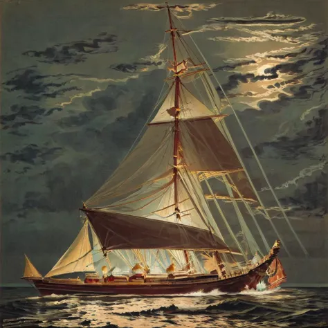 <lora:La_nuit_de_Tour_Eiffel_style_1889-000001:1> schooner on the ocean at night