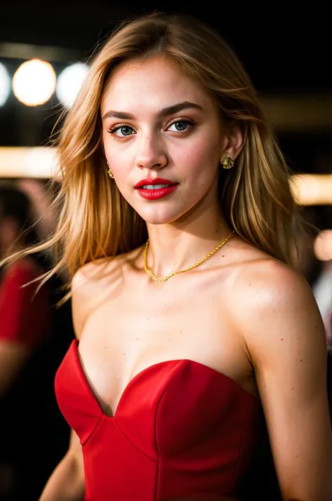 tv_Anine_MXAI, , , joyful expression, wearing an elegant party-dress, red lips, dramatic makeup, dancing in a crowded nightclub, god rays, spotlight, "in-the-middle-of-a-dancing-crowd", ((full body shot)),, 8k resolution, highres, high detail, sharp focus, detailed skin, 8k uhd, bokeh, analog photography