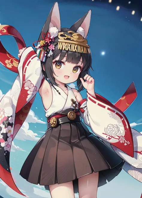 <lora:mutsu_v1.0:0.8>,mutsu_\(azur_lane\),fox_ears,brown_eyes,short_hair,black_hair,japanese_clothes,wide_sleeves,red_skirt, hair_ornament,from below, ;d, night sky, shrine,arm up, masterpiece, best quality, extremely detailed face, sharp details, high contrast,