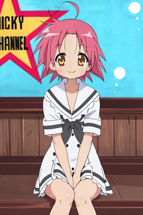 <lora:akira:0.9>akira kogami,school uniform,ahoge,short hair,pink hair, sitting,
(best quality, masterpiece, RAW photo,ultra-detailed:1.2), <lyco:GoodHands-beta2:1.0>,1girl,solo,looking at viewer,smile