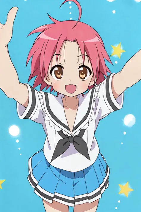 <lora:akira:0.7>akira kogami,school uniform,ahoge,short hair,pink hair, mini skirt, ,from above, :D, spread arms,
(best quality, masterpiece, RAW photo,ultra-detailed:1.2), <lyco:GoodHands-beta2:1.0>,1girl,solo,looking at viewer,smile
