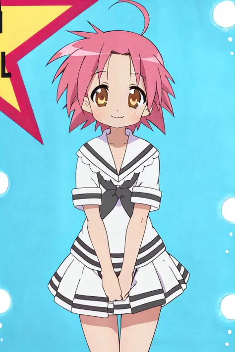<lora:akira:0.9>akira kogami,school uniform,ahoge,short hair,pink hair, mini skirt, panties,
(best quality, masterpiece, RAW photo,ultra-detailed:1.2), <lyco:GoodHands-beta2:1.0>,1girl,solo,looking at viewer,smile