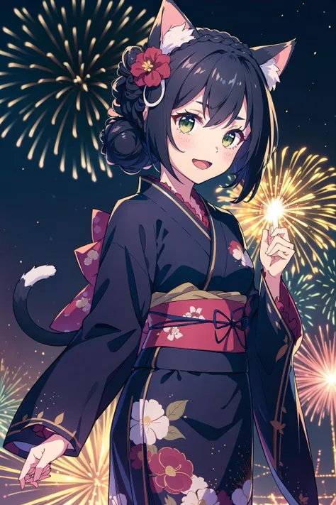 <lora:KarylChanV1.1-000009:0.7>, karylnewyear, cat ears, cat tail, crown_braid, hair bun, black kimono, sash, obi, hair ornament, long sleeves, wide sleeves, hair flower, floral print, outdoors, night, fireworks, :d, looking at viewer