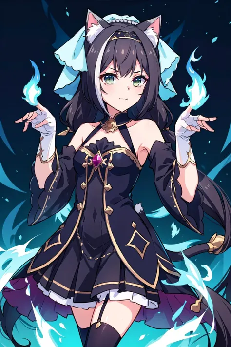 <lora:KarylChanV1.1-000009:0.8>, karyloverload, cat ears, cat tail, black dress, hairband, blue veil, black detached sleeves, wide sleeves, white elbow gloves, white fingerless gloves, black thighhighs, smug, captivating pose, looking at viewer, blue flames
