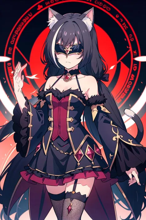 <lora:KarylChanV1.1-000009:0.8>, karylevil, cat ears, cat tail, covered eyes, black dress, detached sleeves, wide sleeves, frills, fur trim, gem, fishnet pantyhose, thigh strap, looking at viewer, cowboy shot, hand up, expressionless, grimoire, magic circle