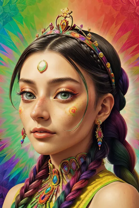 (psychedelic version, vibrant, kaleidoscopic, surreal, detailed:1.15), <lora:sd15_JessicaClements_v1:.9> JessicaClements, focus on eyes, close up on face, wearing jewelry, jade color hair styled Straight Braid Crown,