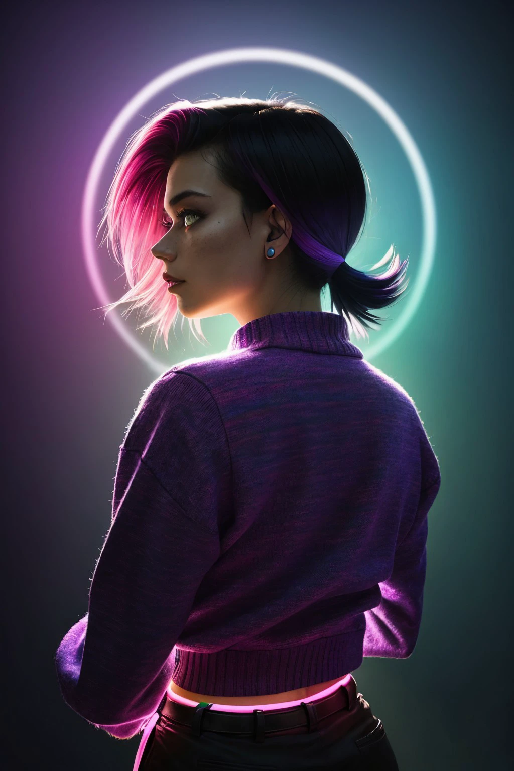 (neonpunk style, cyberpunk, vaporwave, neon, vibes, vibrant, stunningly beautiful, crisp, detailed, sleek, ultramodern, magenta highlights, dark purple shadows, high contrast, cinematic, ultra detailed, intricate, professional:1.15), (low angle, headshot:1.2) <lora:sd15_JessicaClements_v1:.9> JessicaClements, from behind,4:: she is wearing sweater vest , her hair is styled as buzz cut hair, BREAK she is (in the kitchen:1.1), light beams streaming through haze, lens flare,shot on Lumix GH5, vibrant colors ,8mm fisheye lens ,prominent film grain ,