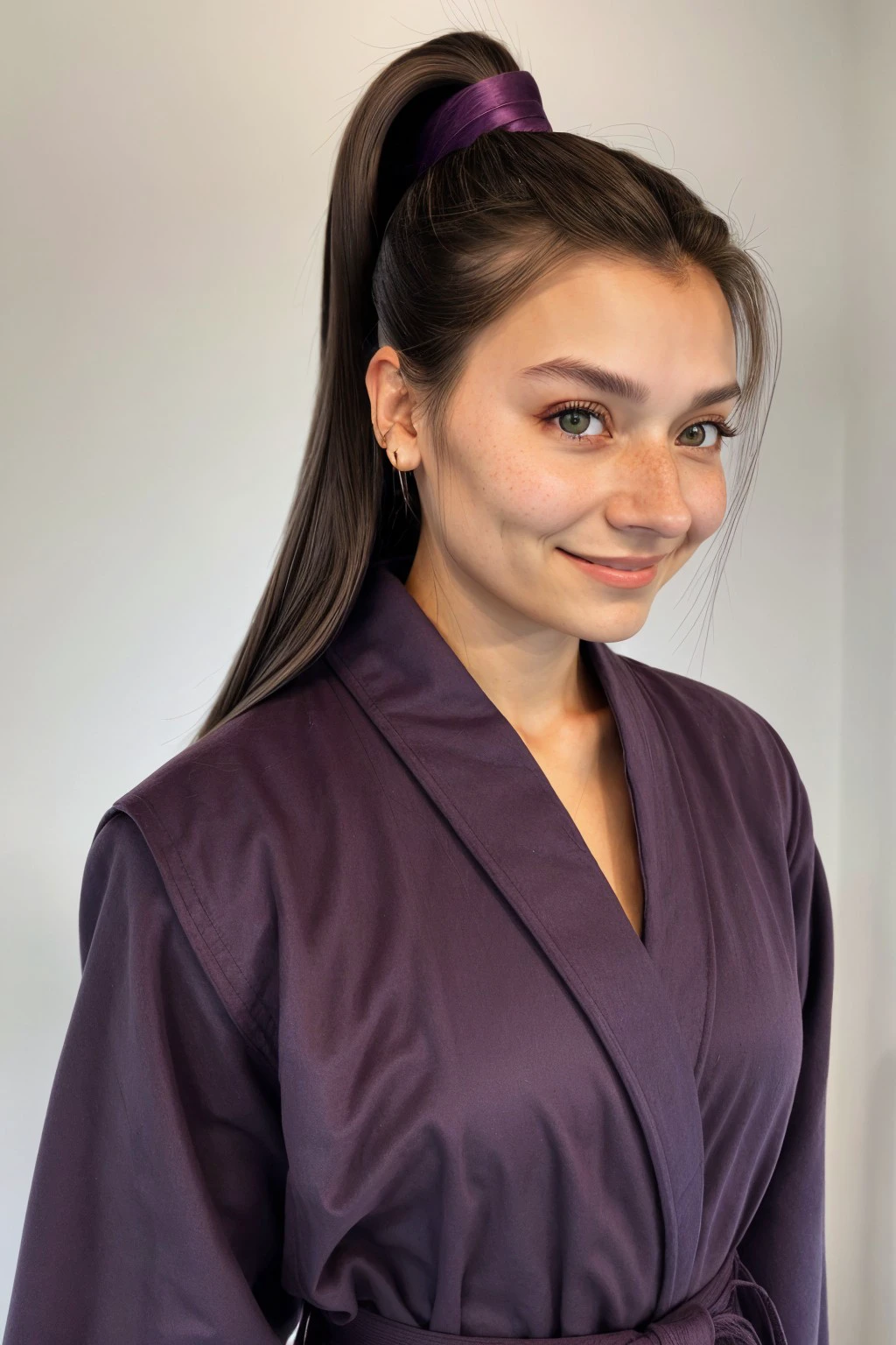 upper body photo of <lora:sd15_JessicaClements_v1:.9> JessicaClements, focus on smiling face, wearing a mage robe , her dark mauve hair is styled as low ponytail hair,