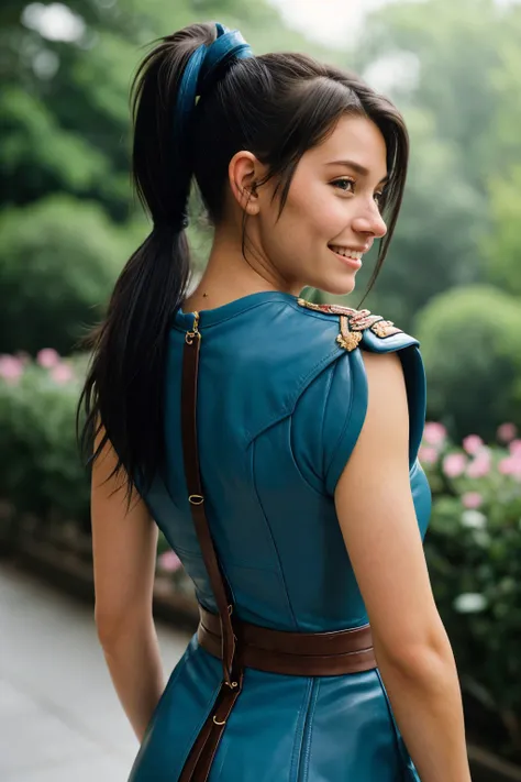 cinematic photo, 35mm photograph, film, bokeh, professional, 4k, highly detailed, portrait photo of <lora:sd15_JessicaClements_v1:.9> JessicaClements, focus on smiling face, from behind wearing leather armor , her robin egg blue color hair is styled as ribboned ponytail,