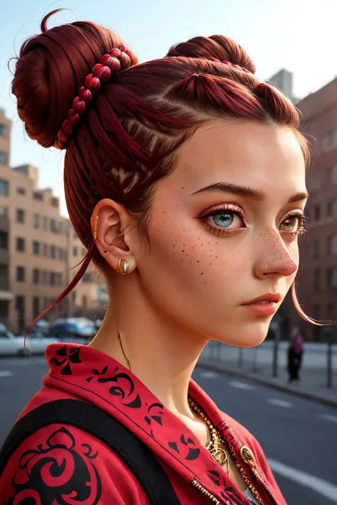 (street art style, urban, vibrant, stencil art, highly detailed:1.15), <lora:sd15_JessicaClements_v1:.9> JessicaClements, focus on eyes, close up on face, wearing jewelry, pomegranate color hair styled double dutch bun, dramatic rim lighting