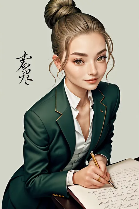 (calligraphic interpretation, elegant, flowing, handwritten:1.15), headshot <lora:sd15_JessicaClements_v1:.9> JessicaClements, focus on smiling face, wearing a pant suit , her cypress color hair is styled as top knot hair,