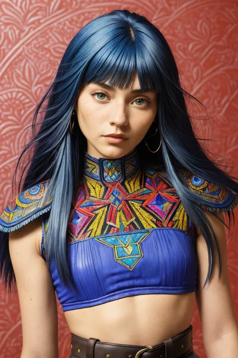 (folk art style, vibrant, patterned, cultural, highly detailed:1.15), headshot <lora:sd15_JessicaClements_v1:.9> JessicaClements, focus on face, wearing leather armor , her majorelle blue color hair is styled as layered hair,