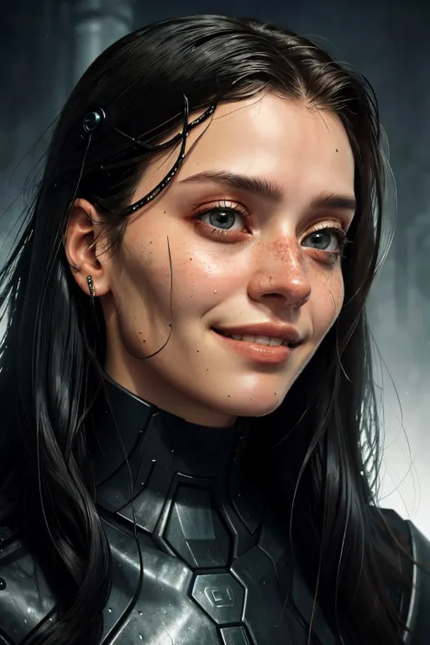 (dystopian depiction, dark, bleak, futuristic, detailed:1.15), <lora:sd15_JessicaClements_v1:.9> JessicaClements, focus on eyes, close up on face, smiling, wearing jewelry, hair styled Straight Wet Look,