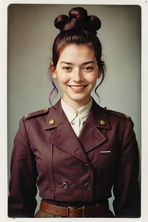 polaroid style, vintage, instant photo, faded, detailed, headshot photo of <lora:sd15_JessicaClements_v1:.9> JessicaClements, focus on smiling face, wearing a military uniform , her reddish purple color hair is styled as vintage bun,