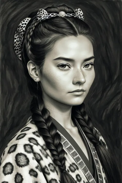 (charcoal drawing, dark, contrast, highly detailed, textured:1.15), headshot <lora:sd15_JessicaClements_v1:.9> JessicaClements, focus on face, wearing a animal print kimono , her medium aquamarine color hair is styled as Straight Braid Crown,